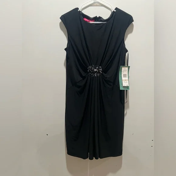 Nine & Co NWT Black Beaded Ruched Sheath Dress Size 12 Cap Sleeve - Picture 2 of 9